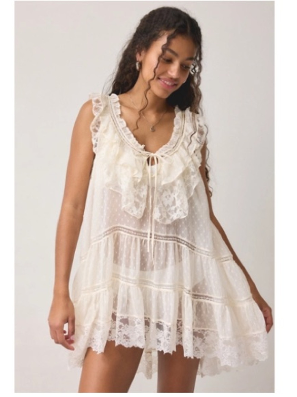 Urban Outfitters Ivory Sheer Lace Ruffled Sleep Dress
